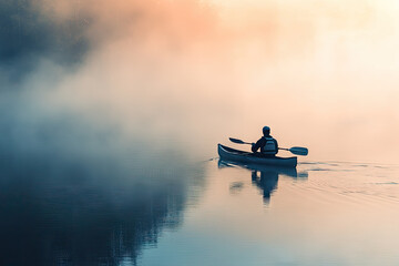 A lone paddler cuts through the tranquil mist, leaving only ripples in his wake.  A sense of peace and solitude fills the air as the sun peeks through the horizon.
