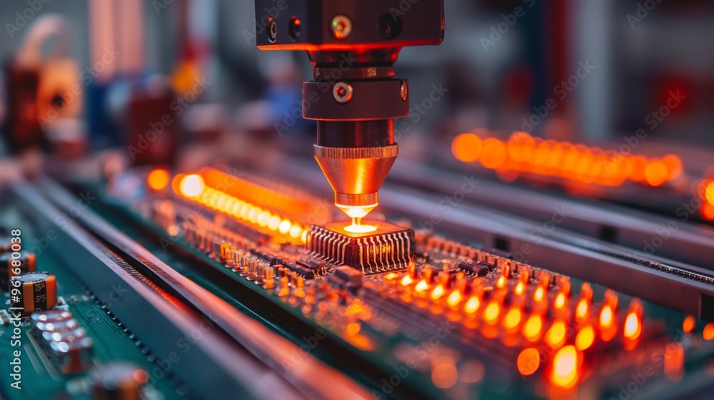 Poster precision machine soldering a microchip onto a circuit board in advanced manufacturing.