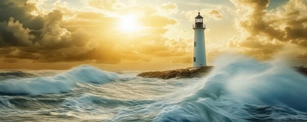 Fototapeta premium A lighthouse standing tall on a coast where the sea is a swirling mixture of milk and water