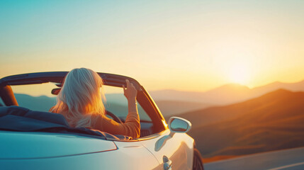 A beautiful woman with long silver hair flowing in the wind drives a sportscar cabriolet. The image captures the essence of freedom, elegance, and modern sophistication in motion.