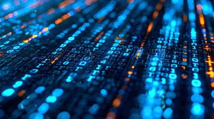 Digital data stream with blue and orange binary patterns creating a visual representation of technology
