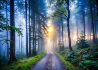 Obraz premium Eerie misty dawn on a winding forest trail with fog-shrouded trees looming large