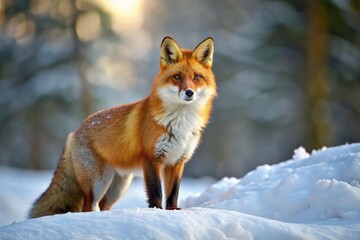 Obraz premium A solitary red fox paces the edge of a snow-covered clearing, its bright orange coat a vivid splash