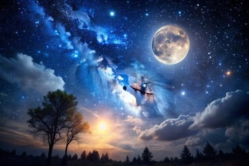 Fototapeta premium Eerie night sky with starry darkness and moon