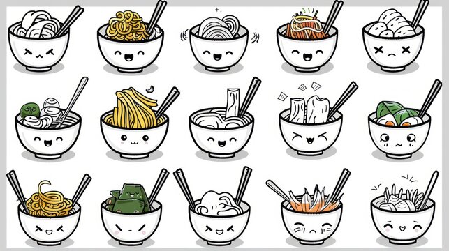 A collection of 12 cute cartoon ramen bowls with chopsticks, each with unique expressions.