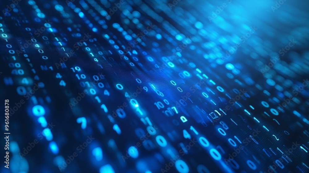 Poster blue digital binary code flowing across a dark background