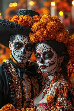 Day of the Dead Couple in Traditional Mexican Costumes with Sugar Skulls Makeup