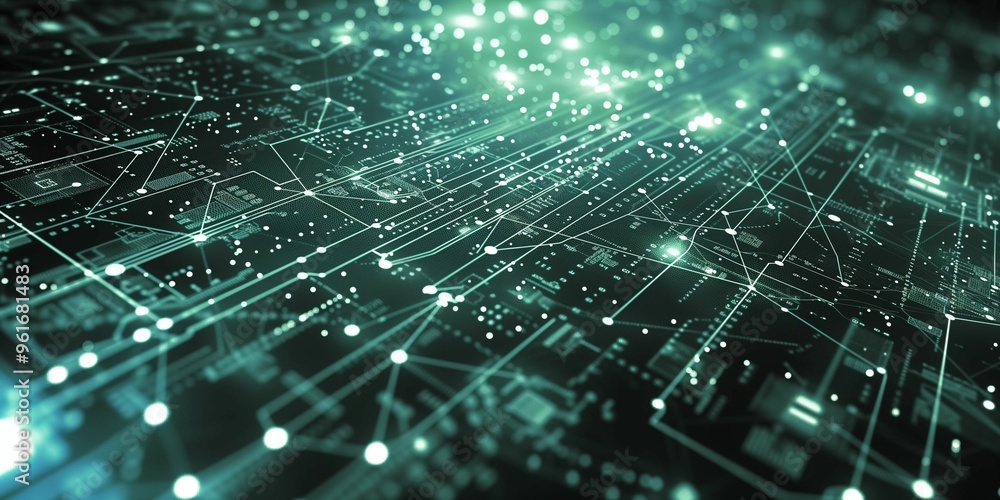 Poster digital data visualization with glowing lines and points on a dark background
