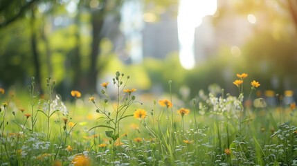 Fototapeta premium Floral vegetation in urban park with blurred backdrop