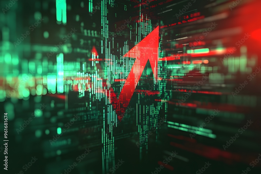 Aufkleber red arrow rising through digital data and code