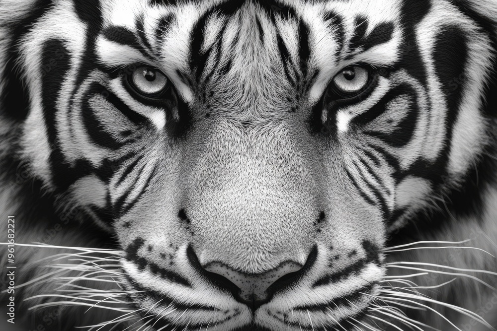 Wall mural black and white tiger: bold contrast close-up of tiger face, power and beauty in focus