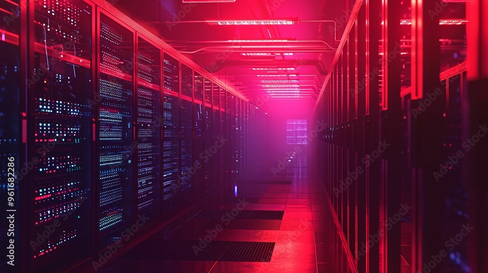 Poster neon-lit data center corridor with illuminated server racks at night