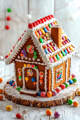Gingerbread house decorated with colorful candies against a white wooden background