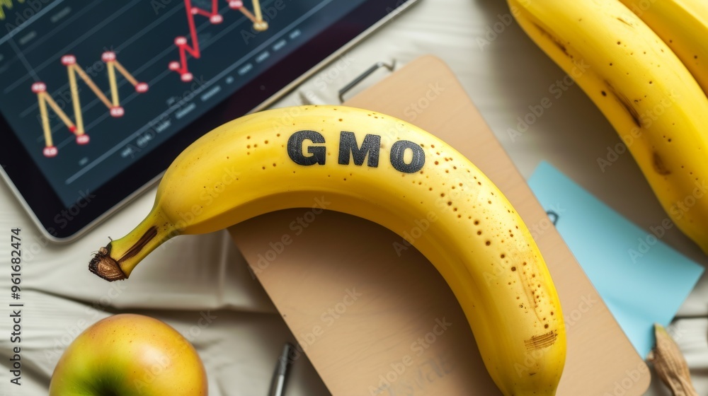 Poster a banana labeled gmo placed on a desk next to a tablet displaying charts. this image captures the co