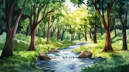 Serene Watercolor Landscape: A Tranquil Forest Scene with Flowing Stream and Sunlit Trees