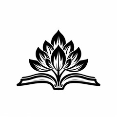 Black and white illustration of a book with a flower growing from it.