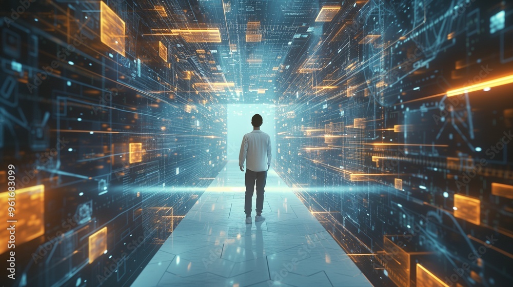 Poster a figure standing in a futuristic digital corridor illuminated by glowing data streams and holograph