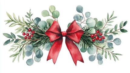 Elegant Watercolor Holiday Wreath with Red Bow and Lush Greenery