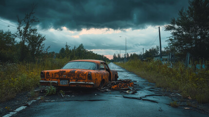Obraz premium Rusty Car Abandoned on a Desolate Road