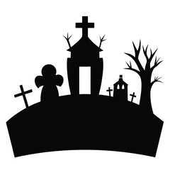 Black Graveyard Silhouette Halloween Vector Art.