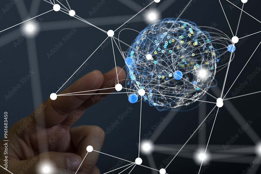 Poster Global network. Blockchain. 3D illustration. Neural networks and artificial intelligence. Abstract