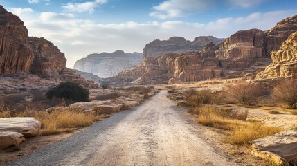Fototapeta premium Desolate Petra with an empty pathway leading to the ancient city, capturing the grandeur of the rock-cut architecture