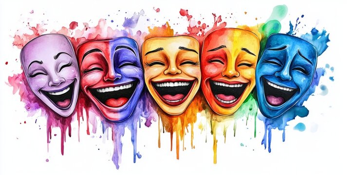 Watercolor vector illustration of smiling theater masks on a white background, 