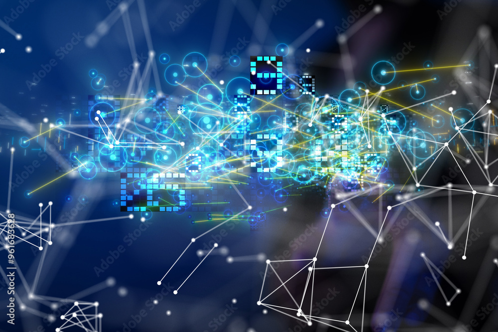 Poster neural network 3d illustration. big data and cybersecurity