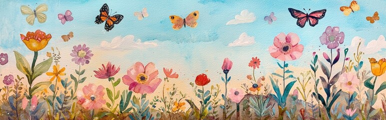 Vibrant Watercolor Garden with Colorful Flowers and Butterflies in a Sunlit Landscape