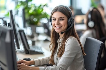 Friendly call center agent ans\wering incoming calls with a headset, providing customer service remotely. Happy woman using her excellent communication skills to resolves customer issues, ai