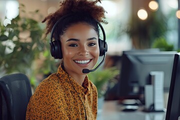Friendly call center agent ans\wering incoming calls with a headset, providing customer service remotely. Happy woman using her excellent communication skills to resolves customer issues, ai