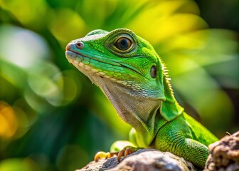 Fototapeta premium A tiny green lizard basks in the warm sun on a rocky outcropping, its bulging eyes surveying the