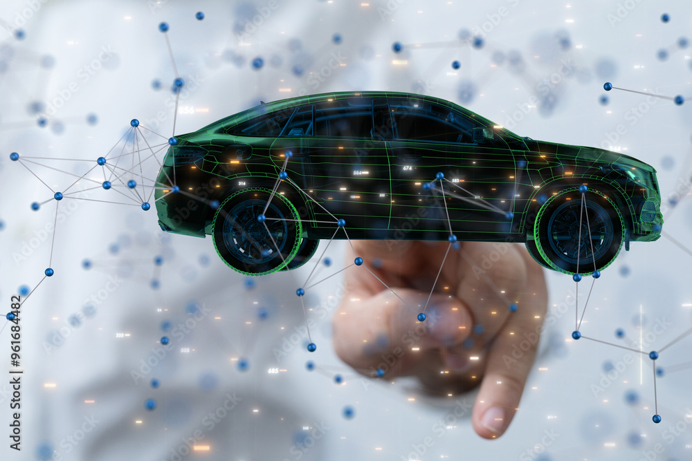 Poster Electric car icon from lines, triangles and particle style