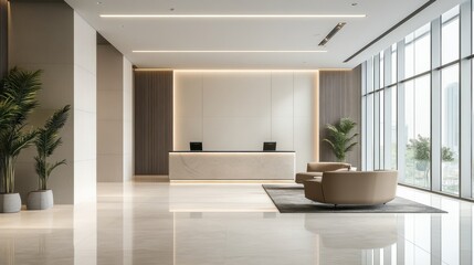 Fototapeta premium Elegant Minimalist Lobby with Marble Glass and Lighting Accents in Modern Commercial Building