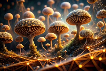 Enigmatic Macroscopic Fungal Networks Unfolding in Shades of Earthy Tones Conceptually Exploring the Boundaries of Organic Geometry and Mystical Luminosity