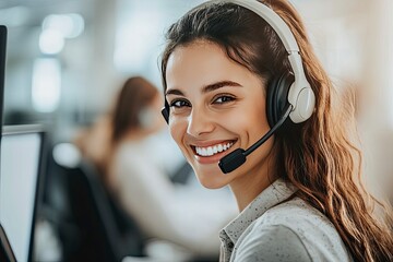 Friendly call center agent ans\wering incoming calls with a headset, providing customer service remotely. Happy woman using her excellent communication skills to resolves customer issues, ai