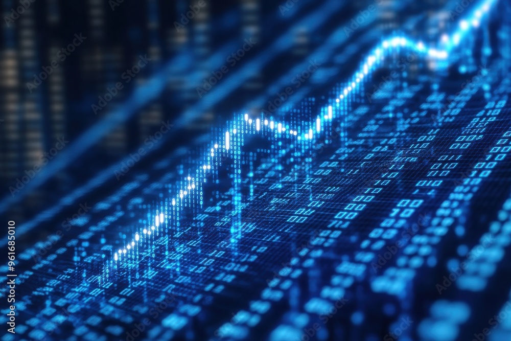 Poster digital stock market graph with rising arrow symbolizing growth and success in a blue binary code ba