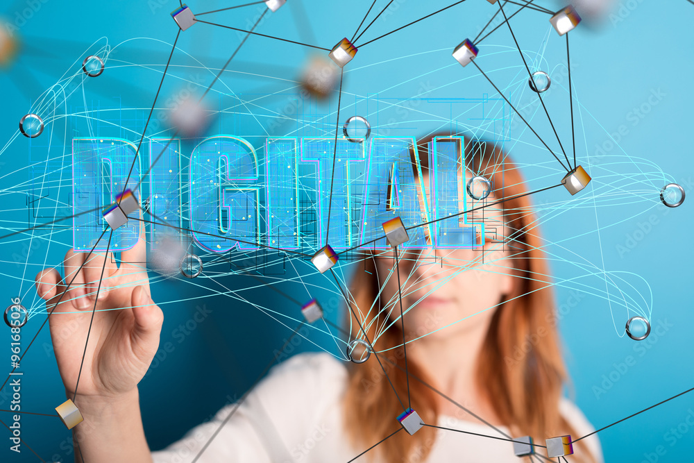 Poster Big data and artificial intelligence concept. Machine learning and cyber mind domination