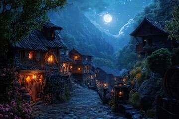 Obraz premium A mountain village illuminated by lanterns and moonlight, with cobblestone streets winding between rustic houses