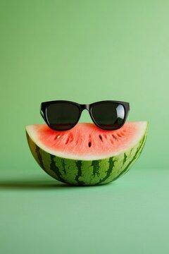 Naklejki Humor sunglassses on watermelon on green background still life.