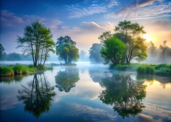 Obraz premium Ethereal nature reserve scenery with misty atmosphere and eerie silence