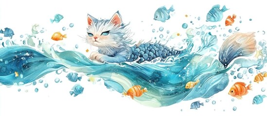Fototapeta premium Enchanting Feline Merfolk: A Whimsical Underwater Journey Through Colorful Waters