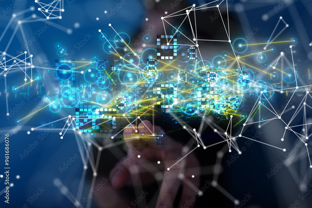 Poster Neural network 3D illustration. Big data and cybersecurity