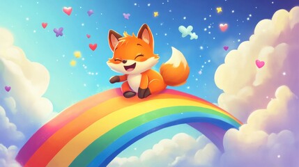 Cheerful cartoon fox sliding down a rainbow, giggling as it rides the colorful arc through the clouds, surrounded by stars and hearts