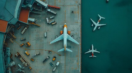 Aerial view of two airplanes at a busy airport terminal.