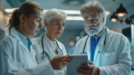 Fototapeta premium A doctor, senior elderly woman, and a man work in the hospital together, using a medical tablet for health medicine and healthcare meetings. Generative AI.
