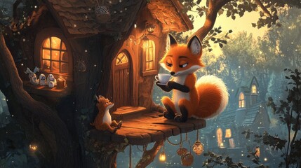 Cute cartoon fox sitting in a cozy treehouse, sipping tea with a tiny teacup, surrounded by animated woodland friends and fairy lights glowing softly