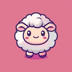 Fototapeta premium Cute cartoon sheep with fluffy white wool and big eyes on a pink background.