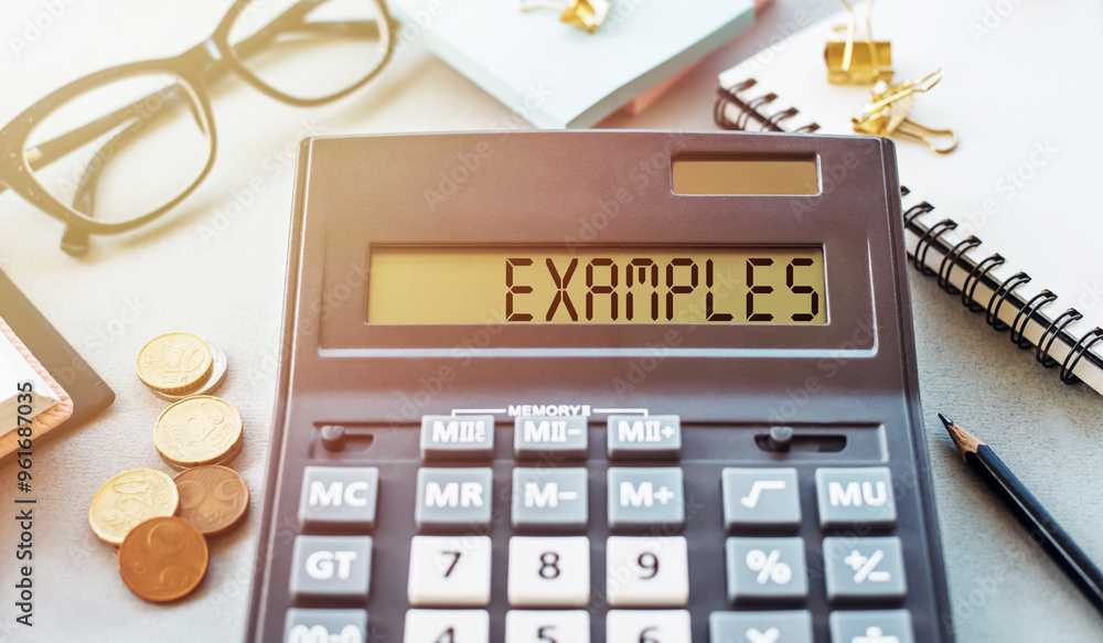 Wall mural calculator displaying the word examples on a business desk setting