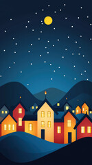 Fototapeta premium Diwali night with heritage houses lit by oil lamps, flat design illustration